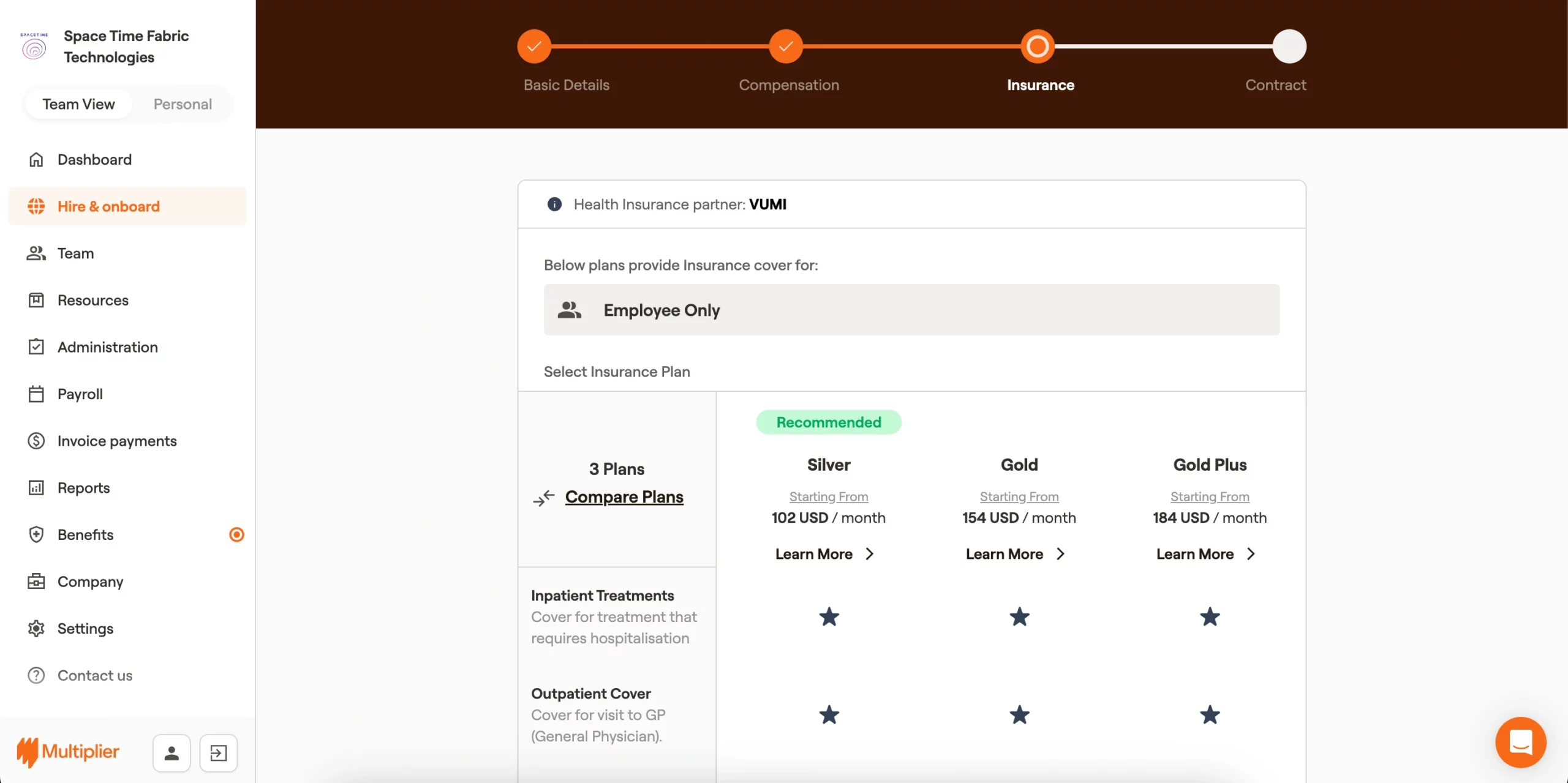 Insurance options available for onboarding a contractor in Indonesia.